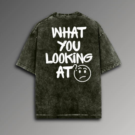 WHAT YOU LOOKING AT? ACID WASH OVERSIZE TSHIRT OLIVE GREEN (UNISEX)